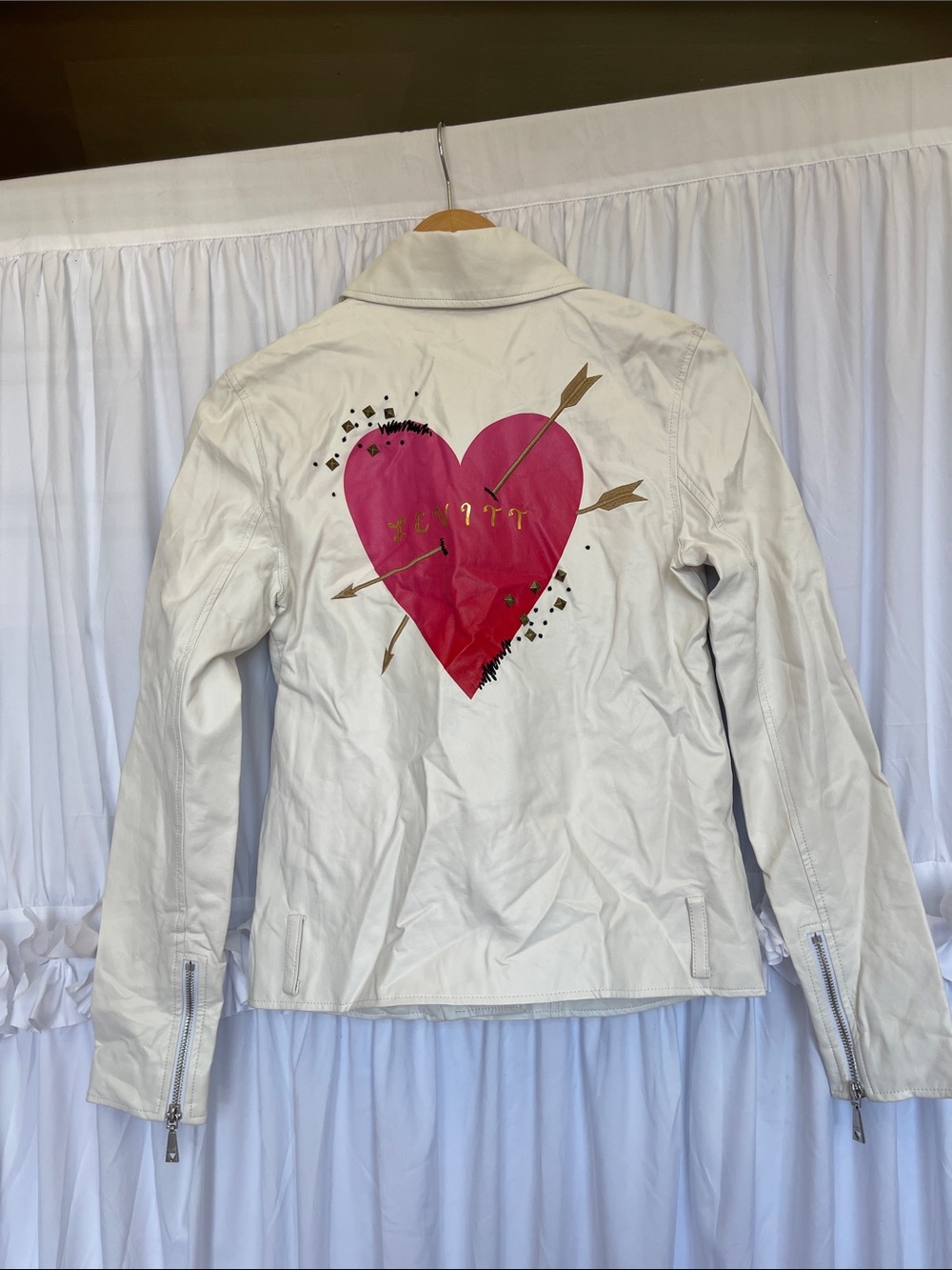 Guess White Faux Leather Jacket with Pink Heart and Gold Arrow Graphic